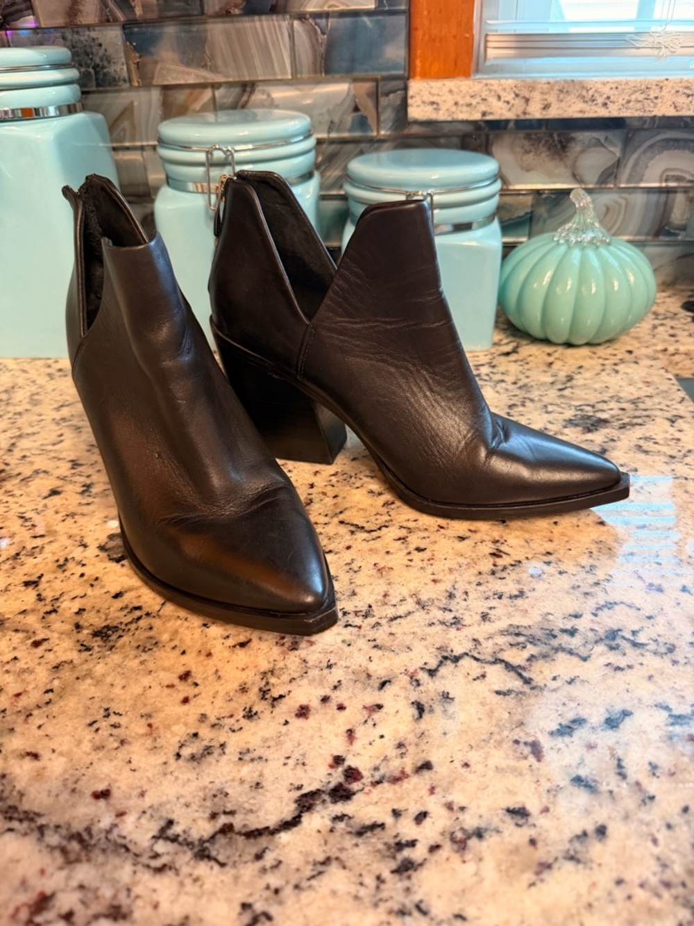 Black Leather Steve Madden Pointed Toe Ankle Boots - Women